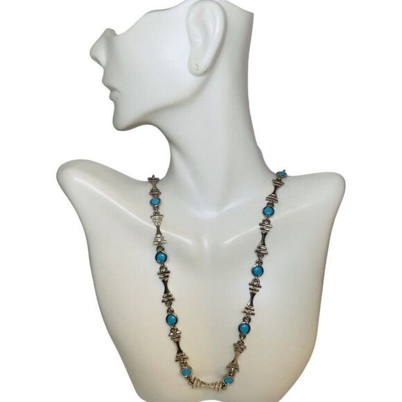 Blue Turquoise Silver Tone Station Vintage Bohemian Minimalist Necklace 27” - Picture 2 of 13